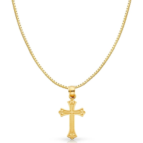 14K Yellow Solid Gold Cross Religious Charm Pendant with 1mm Box Chain Necklace - 20"