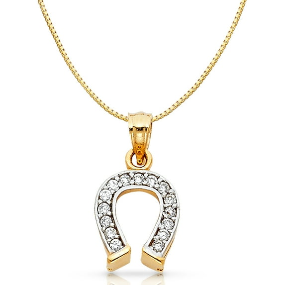 14K Yellow Solid Gold Cubic Zirconia CZ Lucky Horseshoe Charm Pendant with 1mm Box Chain Necklace - 18"