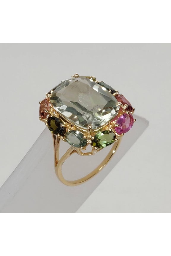 14K Yellow Solid Gold Gemstone Ring, Natural Multi Tourmaline Green Amethyst Ring, Statement Ring, February Birthstone, Amethyst Jewelry