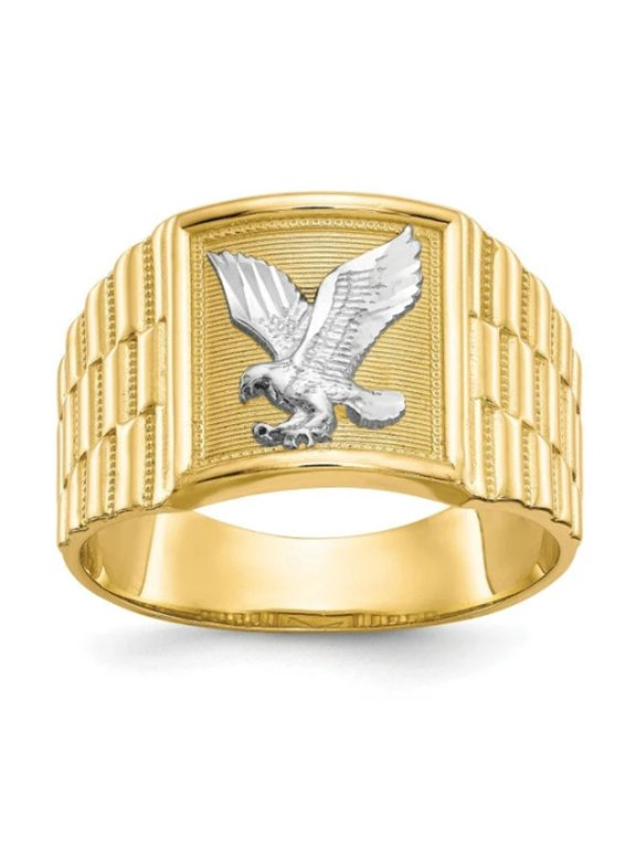 14K Yellow Solid Gold Mens Eagle Ring #10 Anillo de Aguila en Oro Two Tone Ring 6.28g