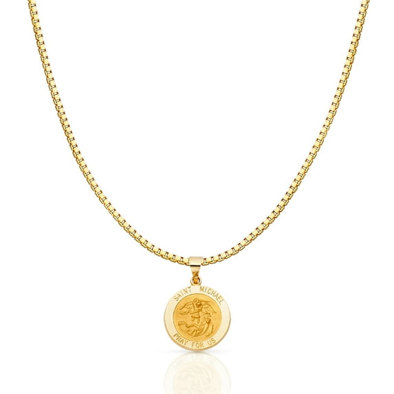 14K Yellow Solid Gold Religious St. Michael Charm Pendant with 1.2mm Box Chain Necklace - 16"