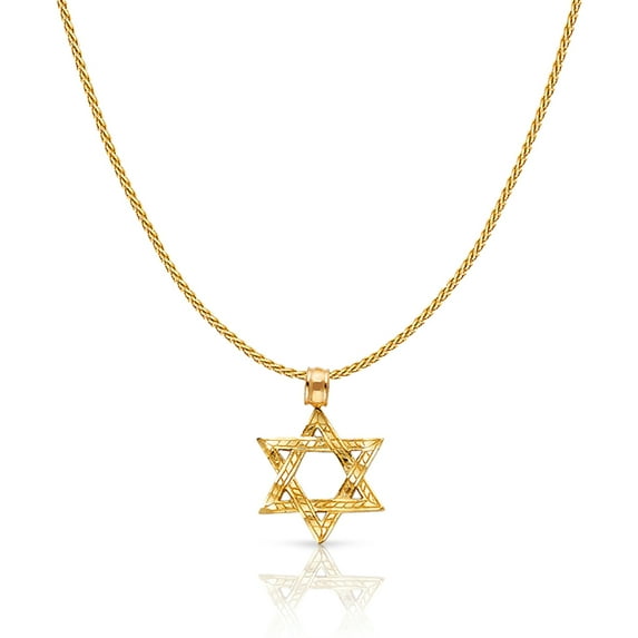 14K Yellow Solid Gold Star of David Charm Pendant with 0.9mm Wheat Chain Necklace