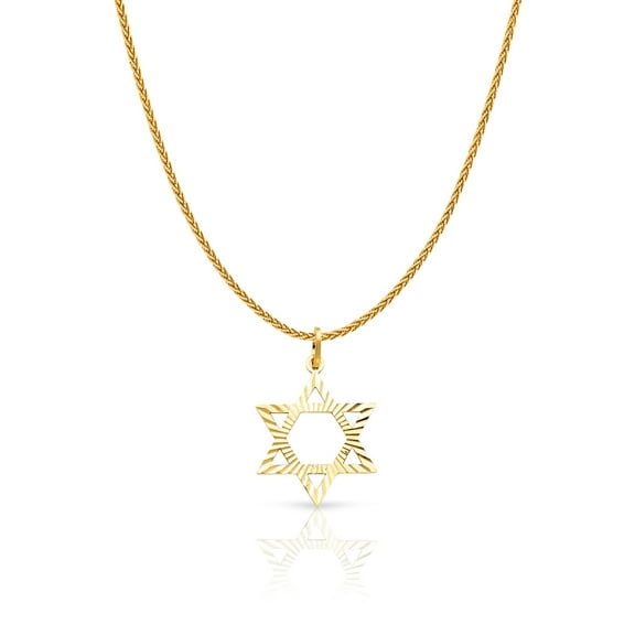 14K Yellow Solid Gold Star of David Charm Pendant with 1.1mm Wheat Chain Necklace - 18"