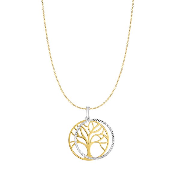 14K Yellow & White Diamond Cut Round Double Disc Tree of Life Pendant Cable Chain by IcedTime