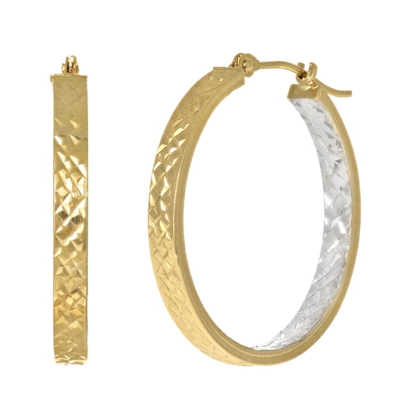 14K Yellow & White Gold 3x25mm Diamond Cut Hoop Earrings with Hinged