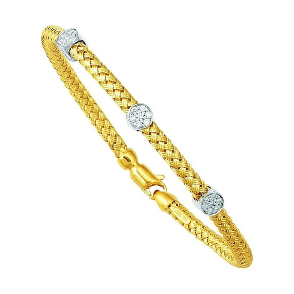 14K Yellow & White Gold Round Basket Weaved Bangle 7.25" Lobster Clasp and Barrel 0.21ct White Diamonds