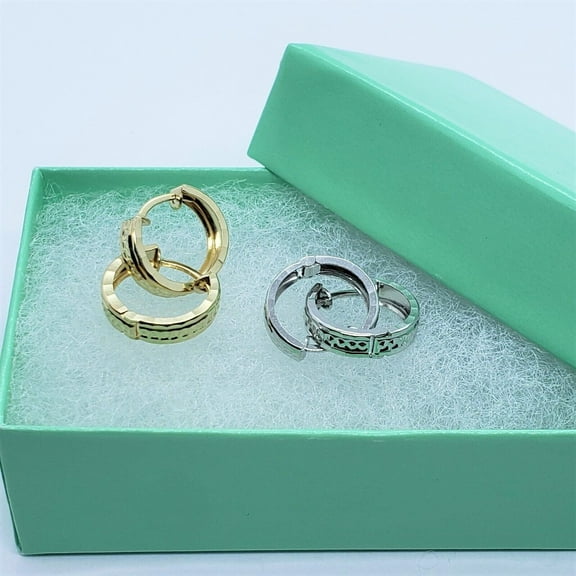 14K Yellow White Gold Round Huggie Hoop Earrings with Circle Design