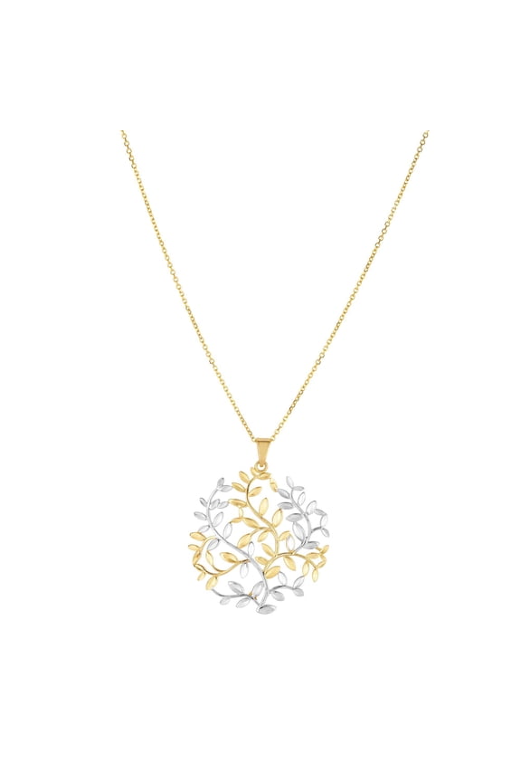 14K Yellow & White Gold Shiny 34x29mm Tree of Life with Yellow Gold 0.8mm Chain by IcedTime