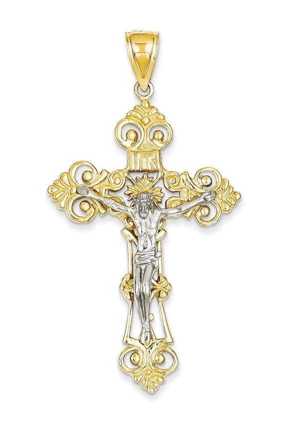 14K Yellow White Gold Two Tone Crucifix Cross Extra Large Open Back Pendant Charm