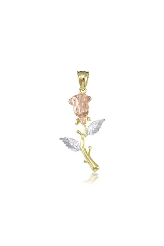 14K Yellow, White & Rose Gold Plated Rose Flower Pendant Necklace, Diamond-Cut Charm, Elegant Women's Jewelry