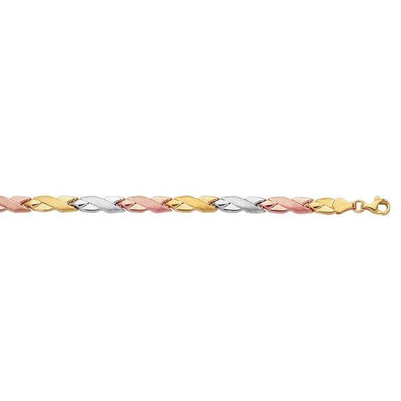 14K Yellow,White & Rose Gold Textured Tri Color Hugs & Kisses Bracelet 7.25" Pear Shape Clasp by IcedTime