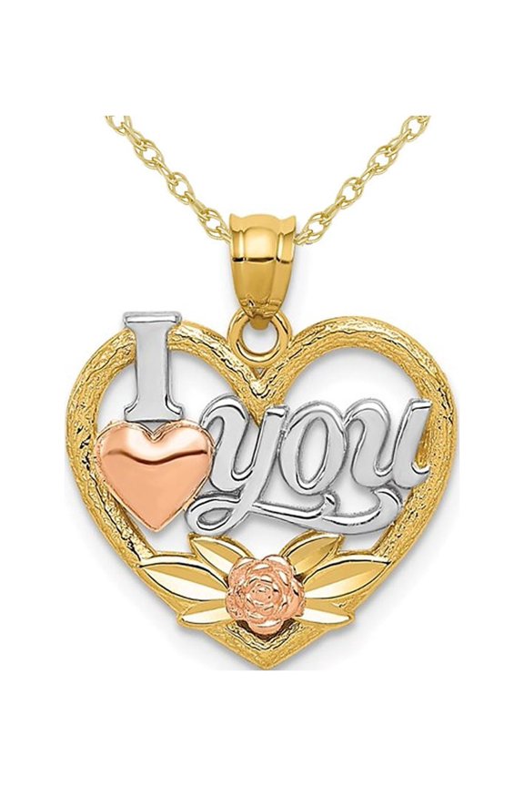 14K Yellow, White and Rose Gold - I Love You - Pendant Necklace Charm with Chain