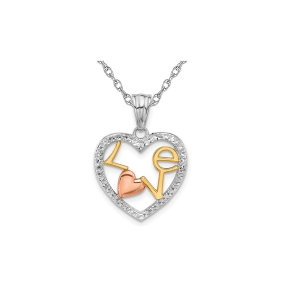 14K Yellow, White and Rose Gold - LOVE - Heart Charm Pendant Necklace with Chain