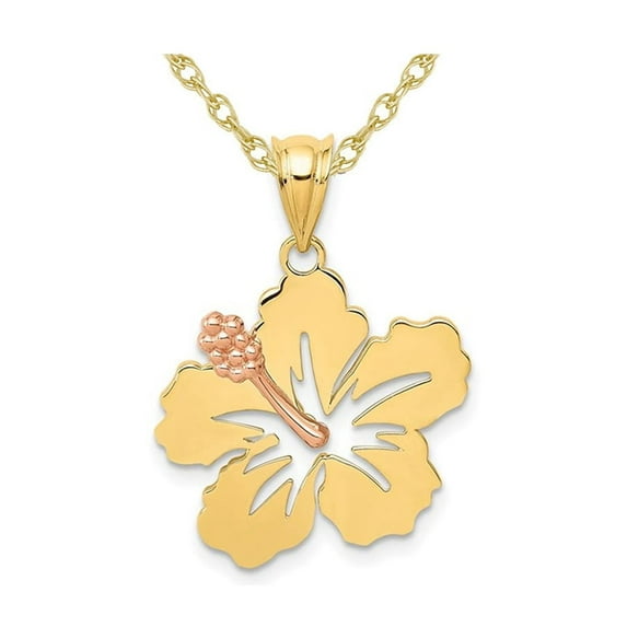 14K Yellow and Rose Gold Hibiscus Flower Pendant Necklace Charm with Chain for Women