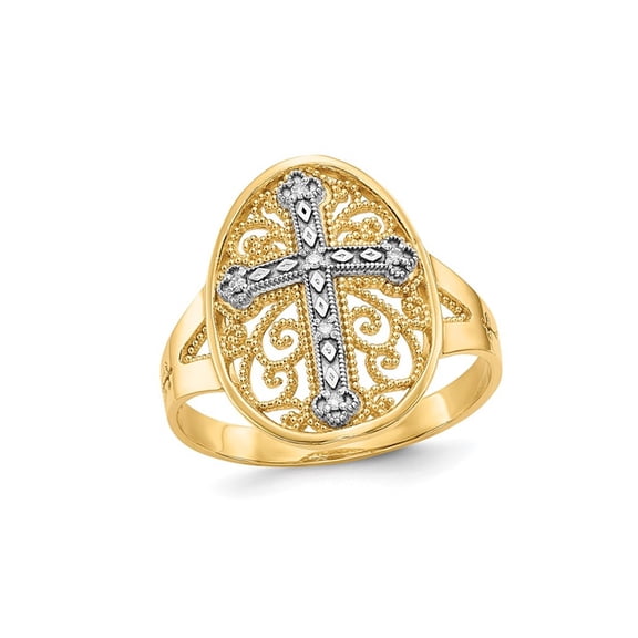 Gem & Harmony 14K Yellow and White Gold Filigree Cross Ring with Accent Diamonds for Women