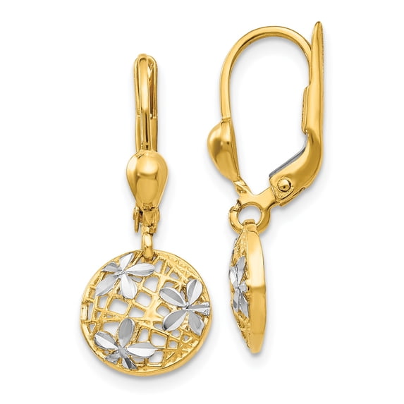 14K and Rhodium Polished and Textured Dangle Leverback Earrings