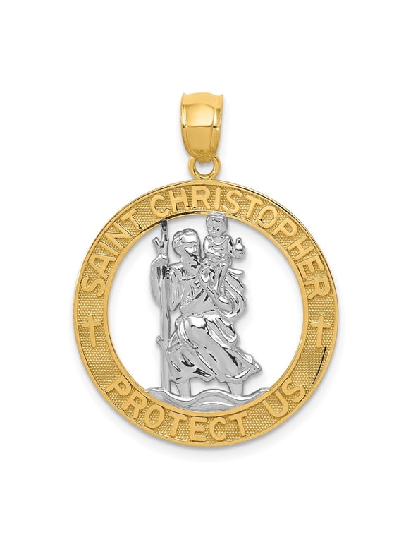 14K and White Rhodium Solid Cut-out St Christopher Medal Round Pendant (Weight : 2.13 gm, Length : 31.75mm, Width : 23.9 mm)