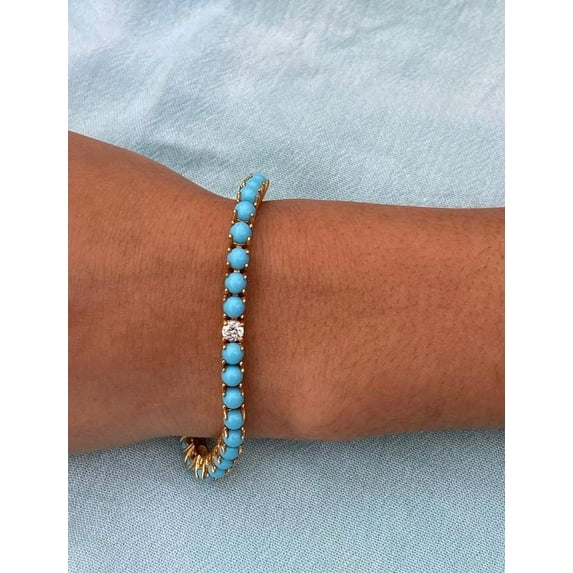 14K gold Plating Turquiose with CZ diamond | Turquoise tennis bracelet , turquoise tennis bracelet gold Art Deco