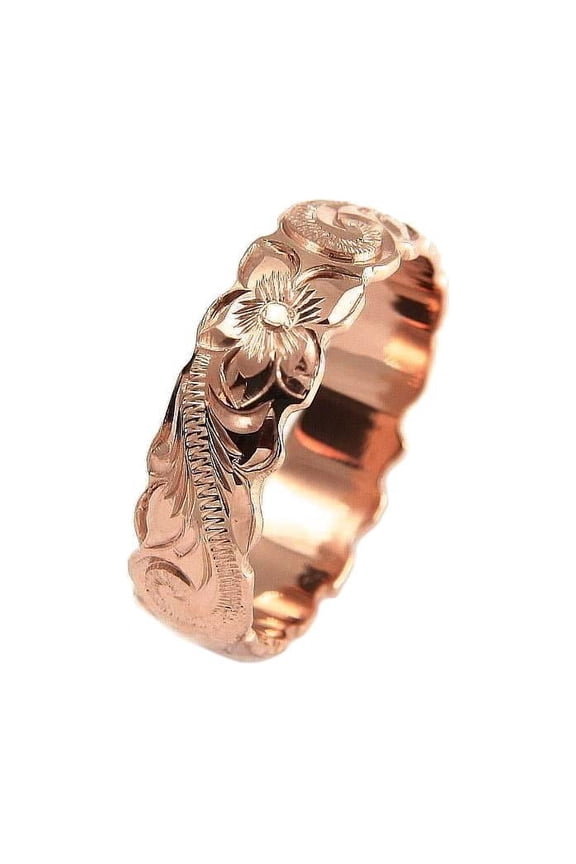 14K pink rose gold hand engraved Hawaiian plumeria scroll band ring cut out 6mm