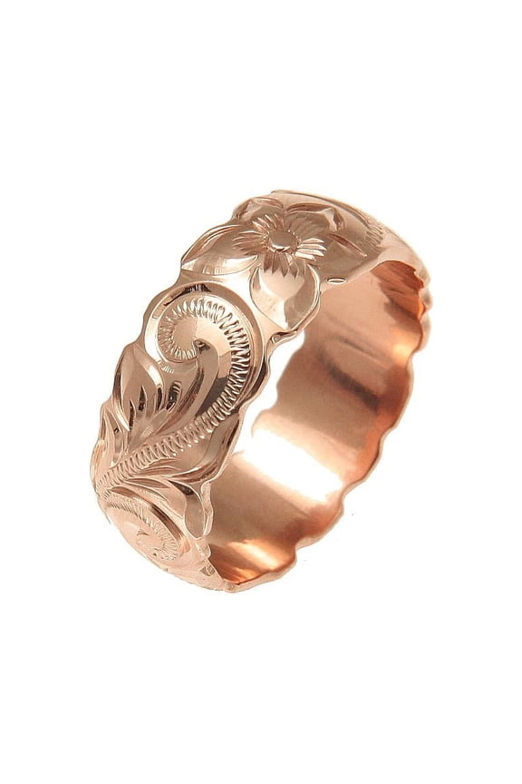 14K pink rose gold hand engraved Hawaiian plumeria scroll band ring cut out 8mm size 9
