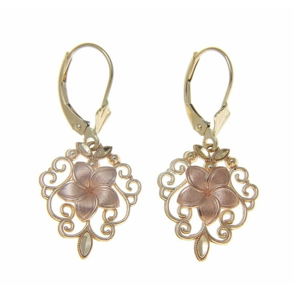14K rose gold Hawaiian plumeria flower yellow gold filigree leverback earrings