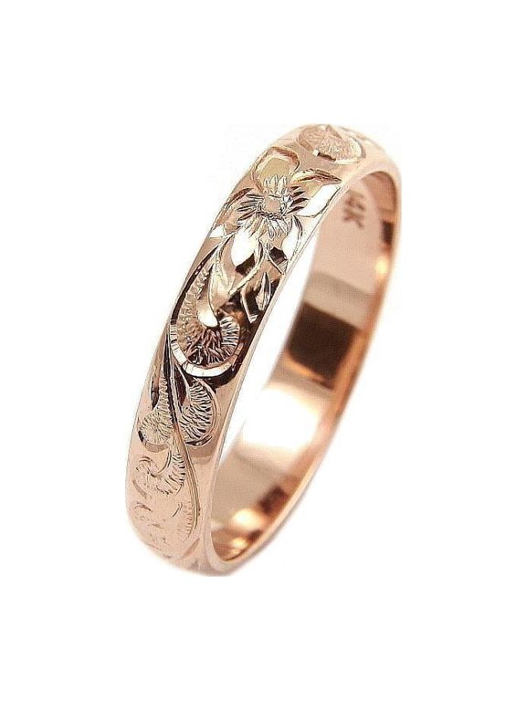 14K rose gold custom hand engraved Hawaiian queen plumeria scroll band ring 4mm size 2 to 14