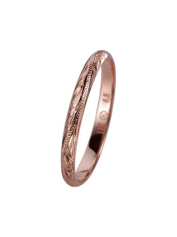 14K solid pink rose gold hand engraved Hawaiian princess scroll band ring 2mm size 1 to 10