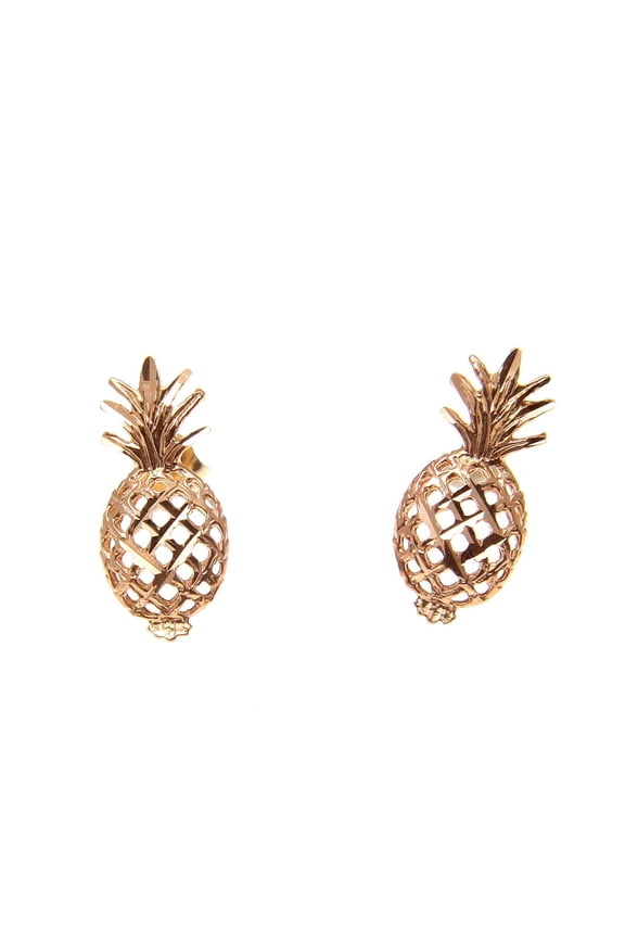 14K solid rose gold Hawaiian diamond cut pineapple stud post earrings