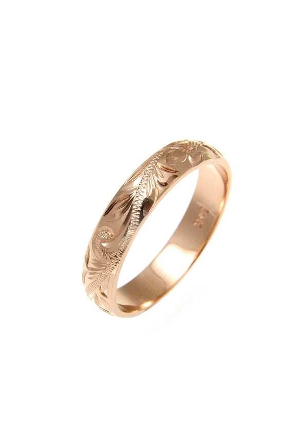 14K solid rose gold custom hand engraved Hawaiian plumeria scroll band ring 4mm size 2 to 14
