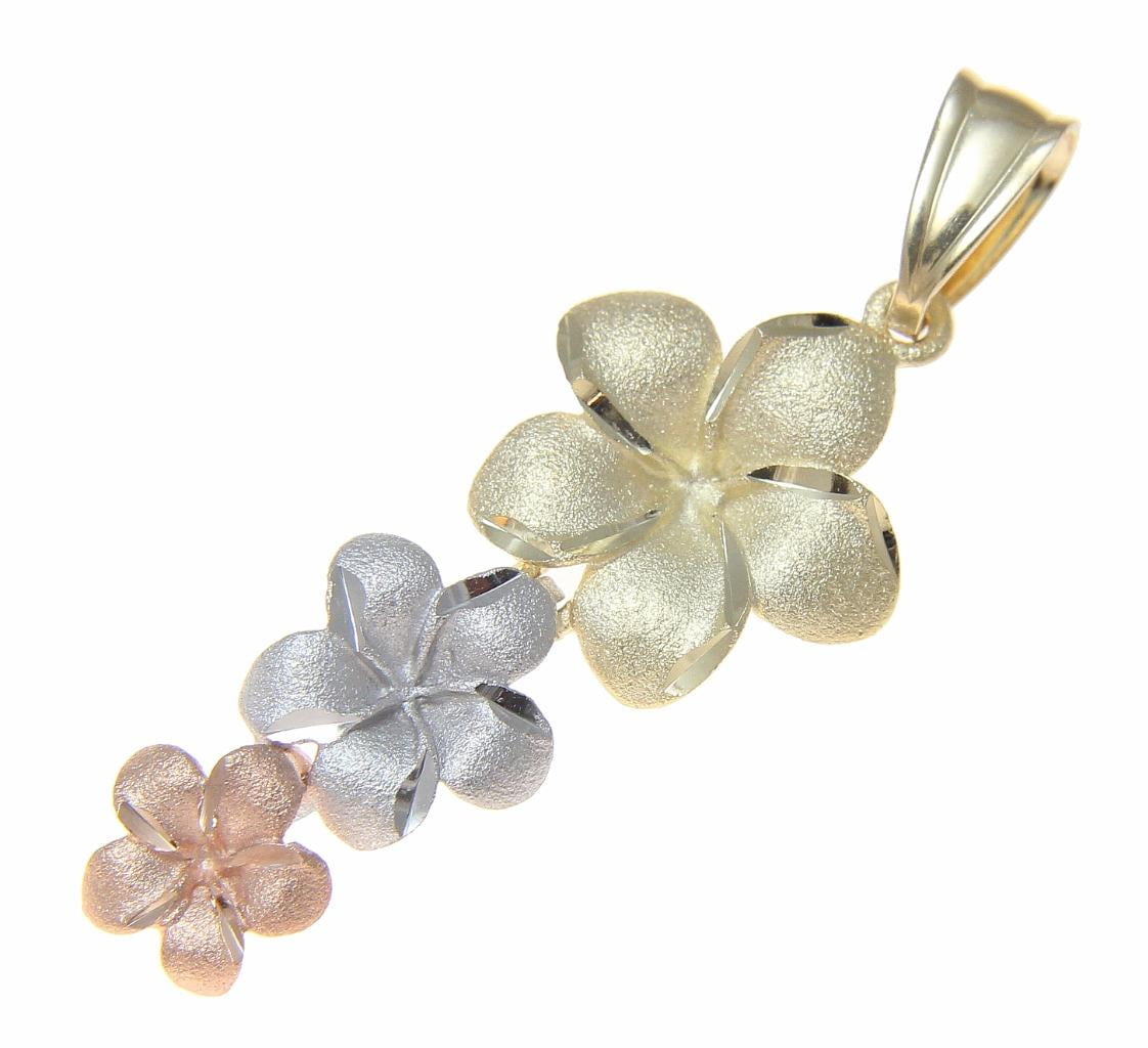 ARTHUR'S JEWELRY 14K solid tricolor gold Hawaiian 3 plumeria flower dangle pendant