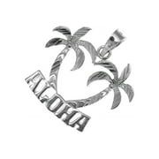 14K solid white gold smooth diamond cut Hawaiian palm tree Aloha pendant