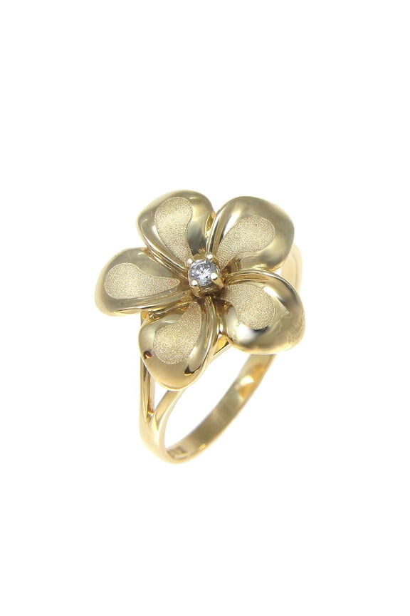14K solid yellow gold 15mm Hawaiian single plumeria flower cz ring