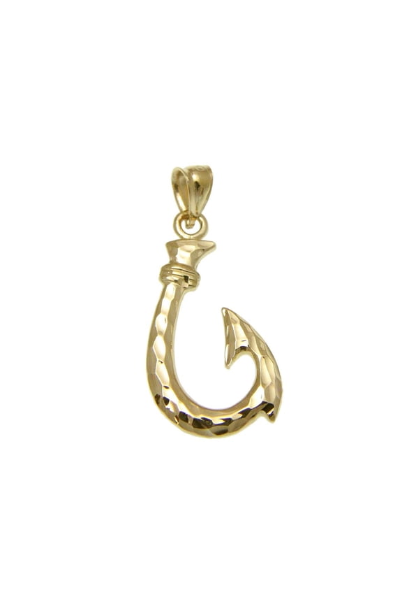 14K solid yellow gold 2 sided Hawaiian fish hook 13.60mm smooth diamond cut pendant