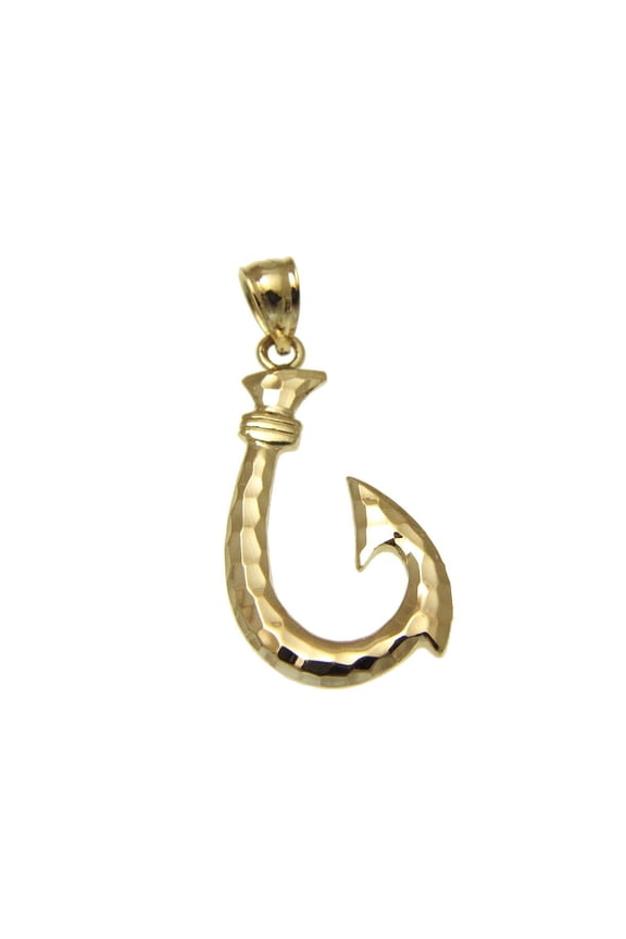 14K solid yellow gold 2 sided Hawaiian fish hook 17.20mm smooth diamond cut pendant