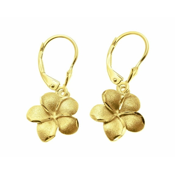 14K solid yellow gold Hawaiian 13mm plumeria flower dangle leverback earrings
