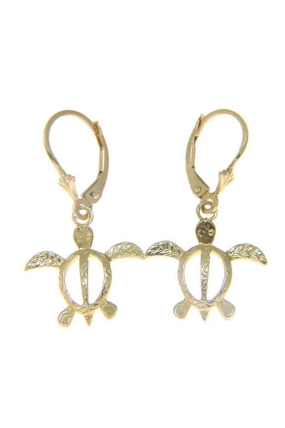 14K solid yellow gold Hawaiian maile leaf sea turtle honu leverback earrings