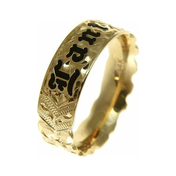 14K solid yellow gold custom made Hawaiian plumeria flower scroll enamel letter 6mm cut out edge ring band size 10.5