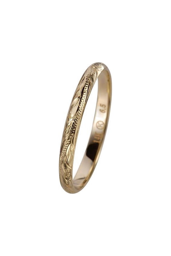 14K solid yellow gold hand engraved Hawaiian princess scroll band ring 2mm size 1 to 10