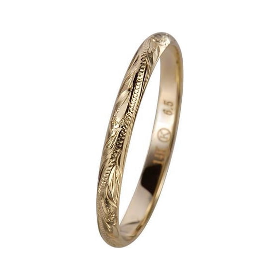 14K solid yellow gold hand engraved Hawaiian princess scroll band ring 2mm size 1 to 10