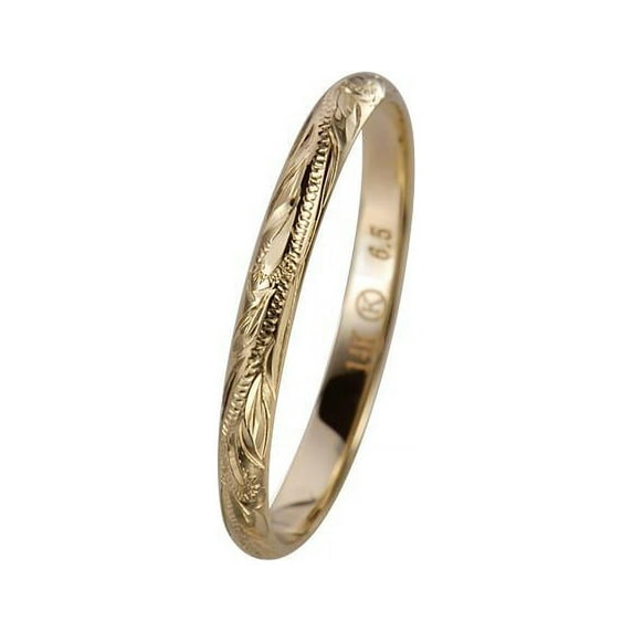 14K solid yellow gold hand engraved Hawaiian princess scroll band ring 2mm size 7
