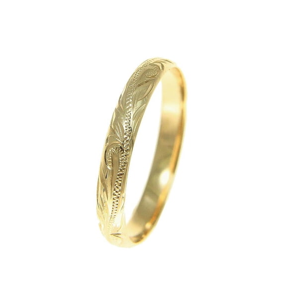 14K solid yellow gold hand engraved Hawaiian scroll band ring 3mm size 1 .5