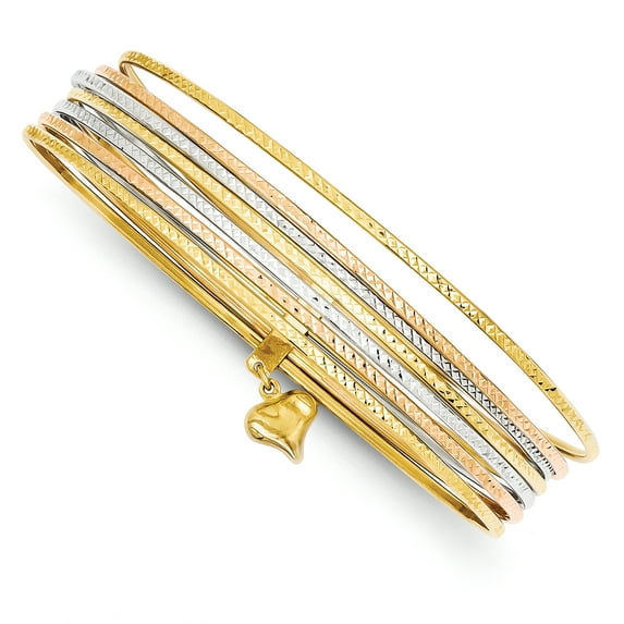 14K Tri-color Polished and Textured with Dangle Heart 7-Strand 11.00mm Slip-on Round Bangle Bracelet DB536