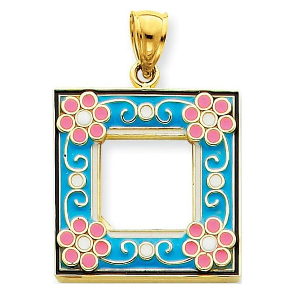 14k Yellow Gold with Multi-colored Enamel Hallow Open Back Polished Finish Aqua Picture Frame with flowers Charm Pendant
