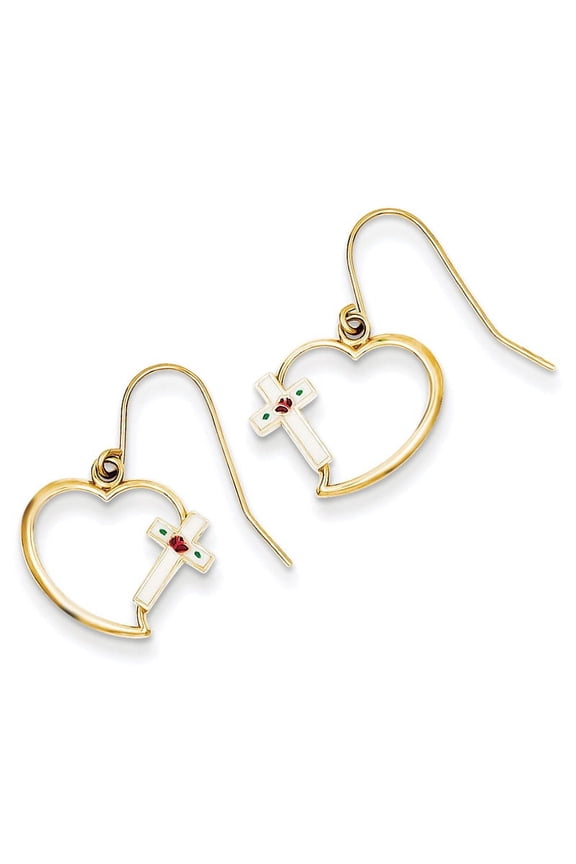 14K White and Multi-color Enamel Floral Cross on Heart French Hook Earrings TF1921
