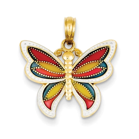 14K Yellow Gold Multi-Color Enameled Beaded Wings Butterfly Pendant