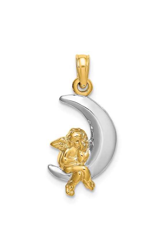 14K Yellow Gold White Rhodium Polished Finish 3-Diamentional Angel Sitting on the Moon Charm Pendant