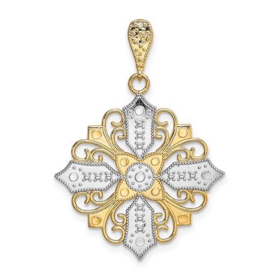 14K Yellow Gold, White Rhodium Polished Diamond Cut Finish Filigree Beaded Diamond Shape Design Pendant