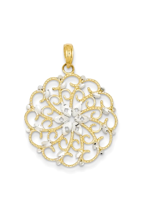 14K Yellow White Gold Filigree Scalloped Wave Pendant