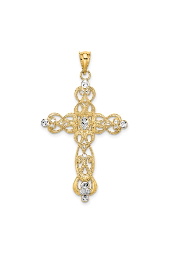 14K w/Rhodium Diamond-cut Scroll Cross Pendant