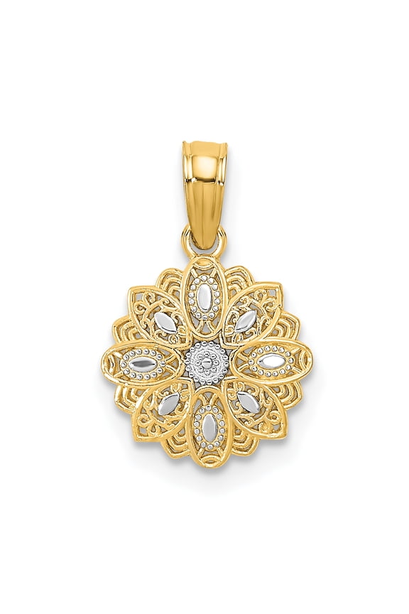 14K Yellow, White Gold Diamond cut Mini Filigree Flower Pendant